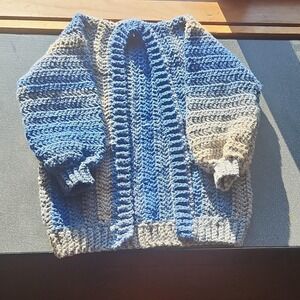 Handmade Crochet Toddler Cardigan Sweater Blue Beige Gray Striped V-Neck